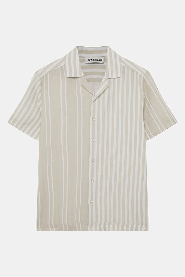 Beige Striped Patterned Resort Collar Men's Shirt