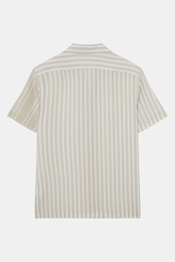 Beige Striped Patterned Resort Collar Men's Shirt 2