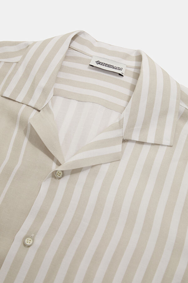 Beige Striped Patterned Resort Collar Men's Shirt 3