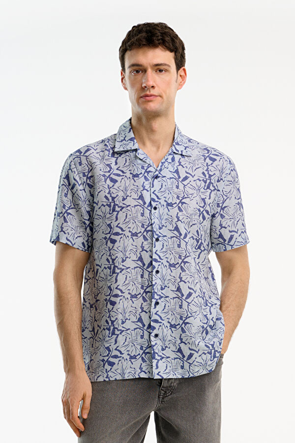 Light Blue Patterned Resort Collar Men's Shirt