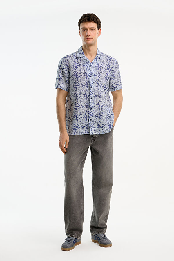 Light Blue Patterned Resort Collar Men's Shirt 3