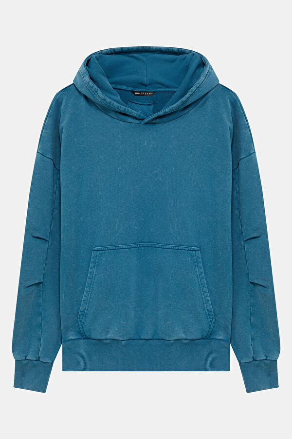 Mavi Oversize Kapuşonlu Erkek Sweatshirt