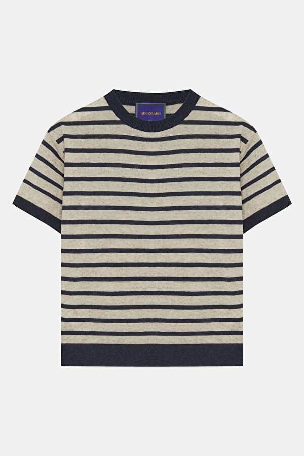 Natural Crew Neck Striped Patterned Kids' T-Shirt