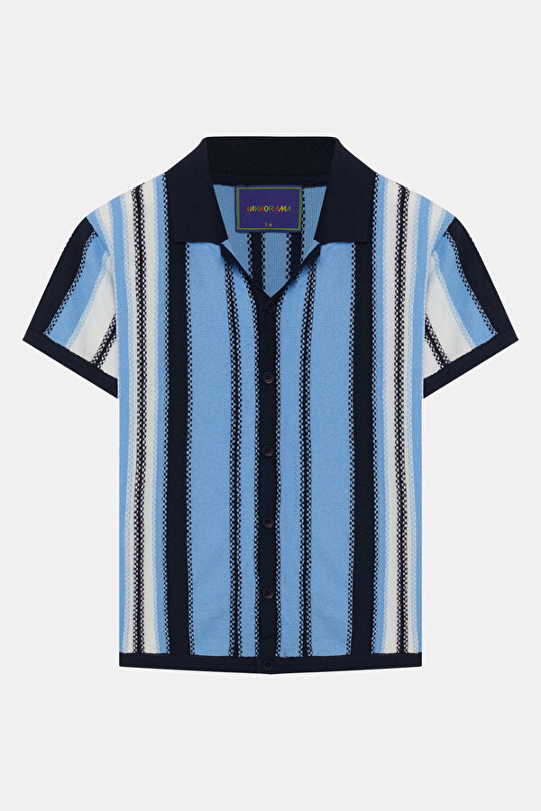 Blue Polo Neck Striped Patterned Kids' T-Shirt