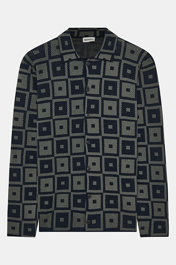 Navy Patterned Knit Men's Cardigan