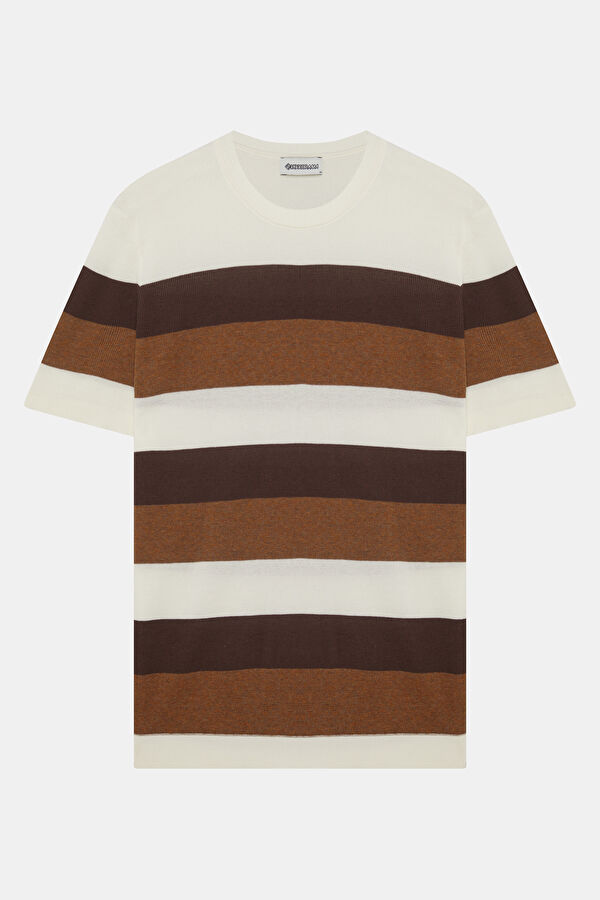 Brown Crew Neck Striped Patterned Men's T-Shirt