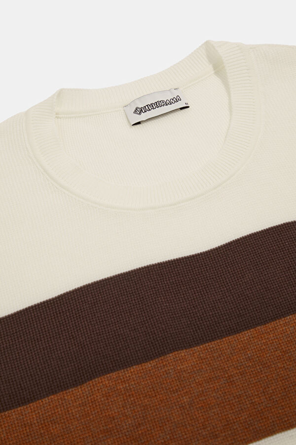 Brown Crew Neck Striped Patterned Men's T-Shirt 3