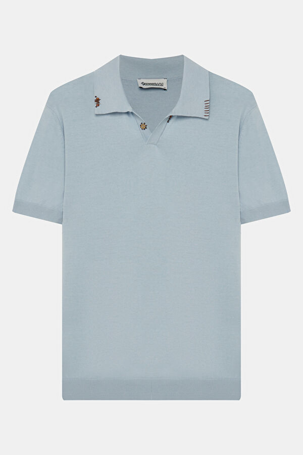 Blue Polo Collar Embroidered Men's T-Shirt