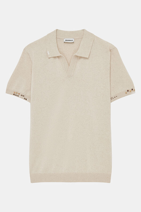 Natürel Polo Yaka Nakışlı Erkek T-Shirt