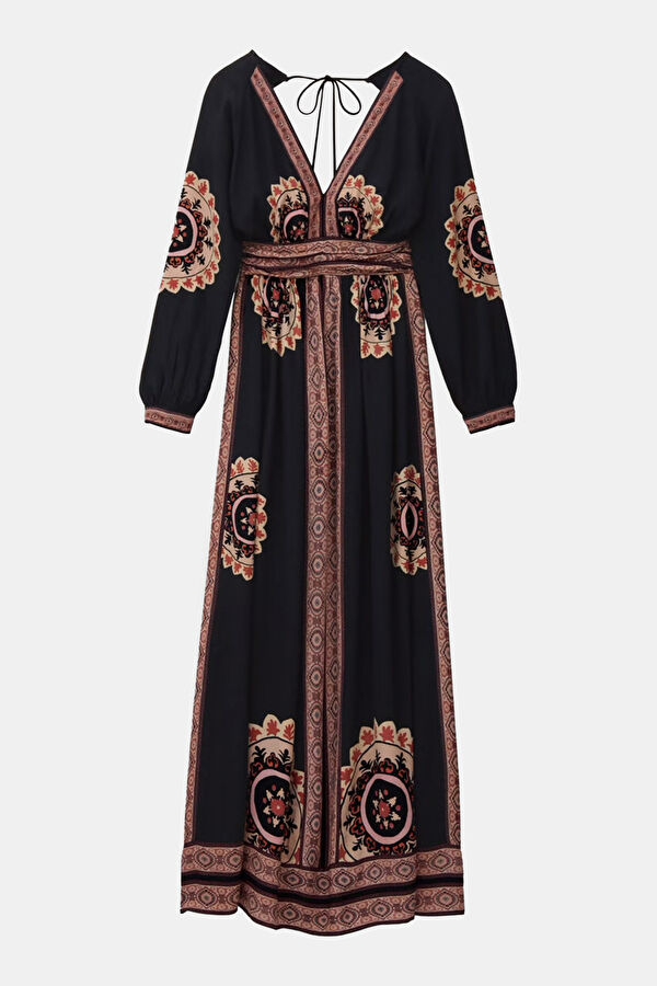 Black Patterned Midi Women's Dress