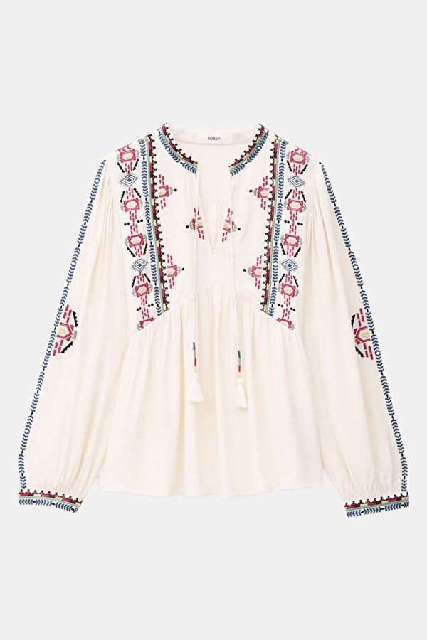 Ecru Ethnic Patterned Long-Sleeve Women's Blouse