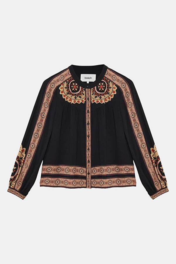 Black Patterned Long-Sleeved Women's Blouse