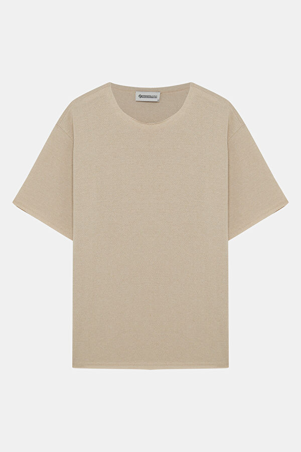 Bej Bisiklet Yaka Erkek T-Shirt