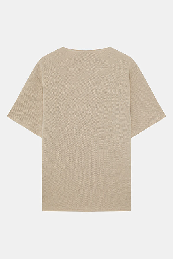 Bej Bisiklet Yaka Erkek T-Shirt 2