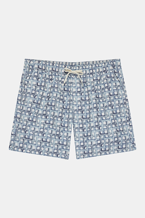 Blue Patterned Elastic Waist Men's Swimsuit