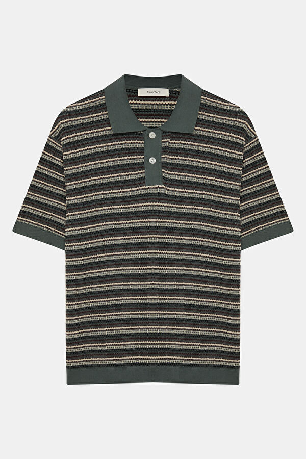 Relax Kalıp Yeşil Polo Yaka Çizgili Erkek T-Shirt