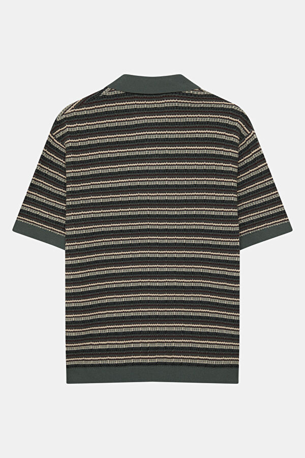 Relax Kalıp Yeşil Polo Yaka Çizgili Erkek T-Shirt 2