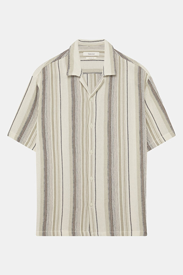 Relax Fit Ecru Striped Resort Neck Men's Shirt