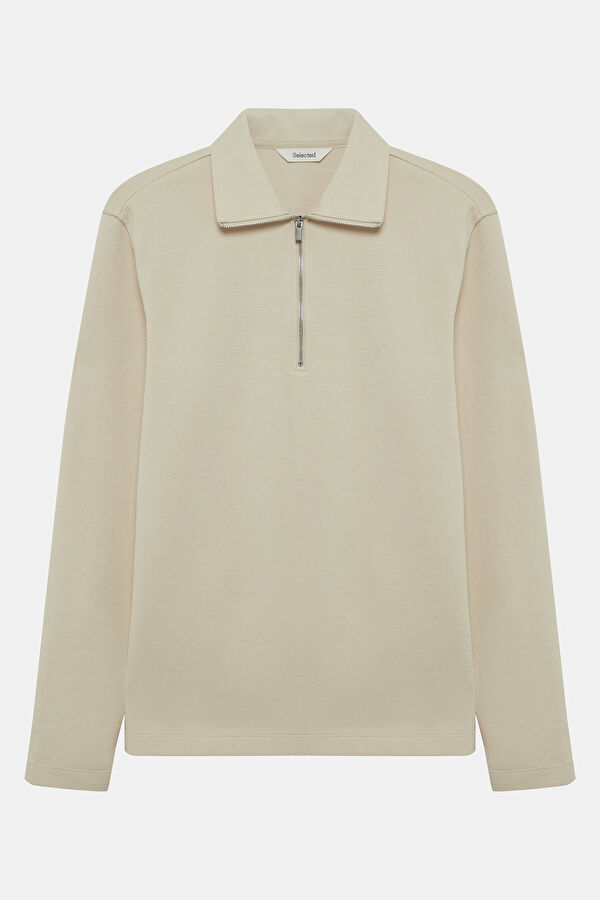 Krem Dik Yaka Erkek Sweatshirt