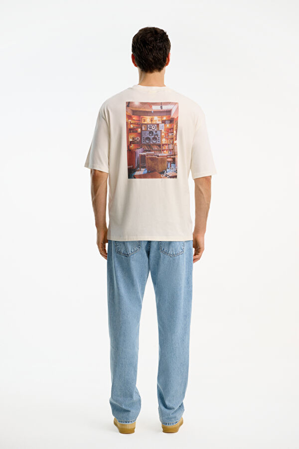 X Hotel Amour Relax Kalıp Ekru Bisiklet Yaka Baskılı Erkek T-Shirt 2