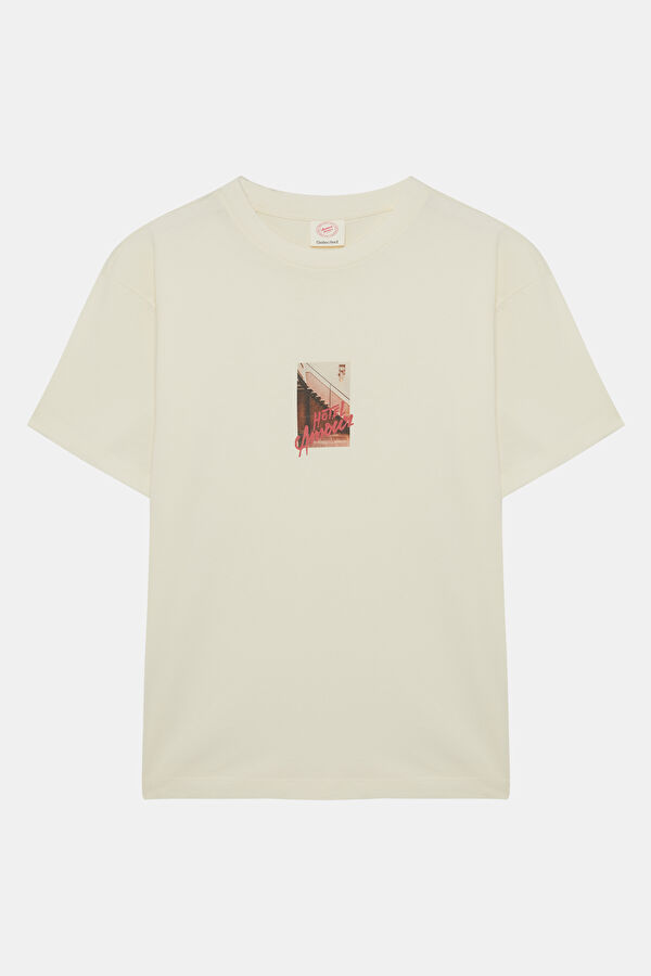 X Hotel Amour Relax Kalıp Beyaz Bisiklet Yaka Baskılı Erkek T-Shirt