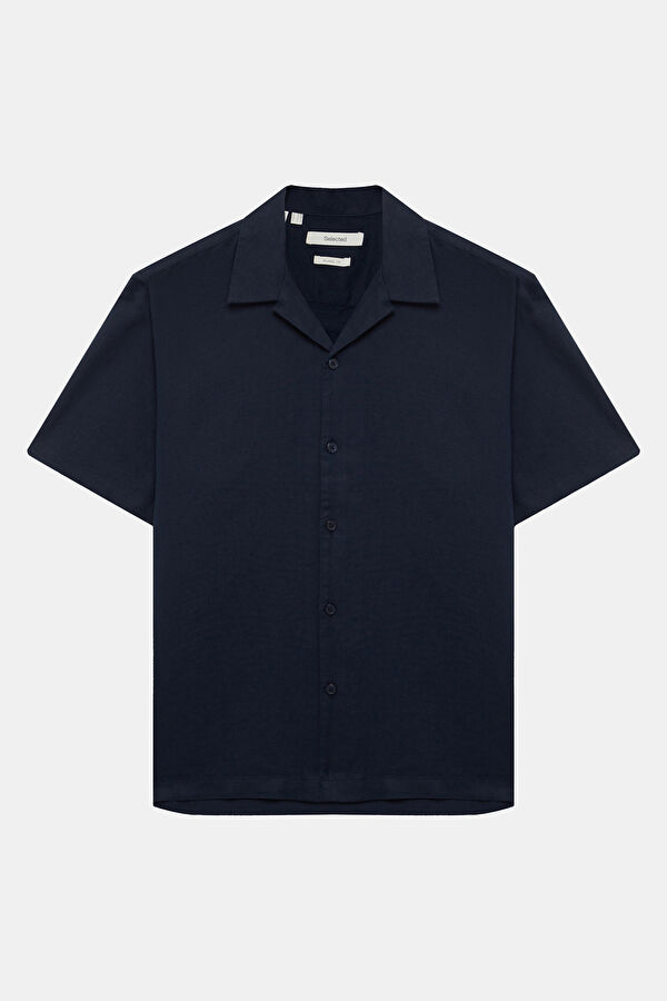 Navy Blue Resort Collar Linen Cotton Men's Shirt