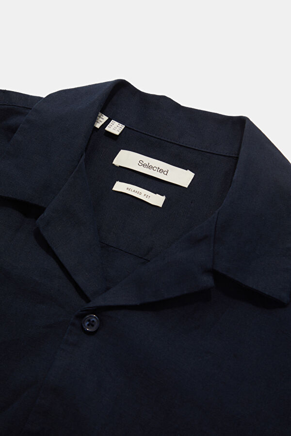 Navy Blue Resort Collar Linen Cotton Men's Shirt 3