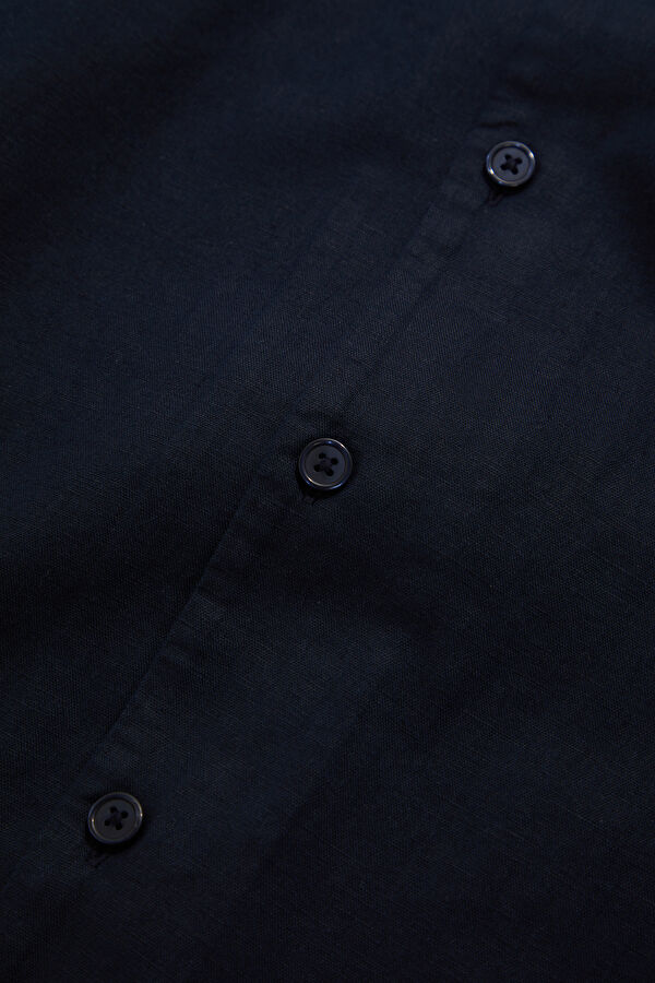 Navy Blue Resort Collar Linen Cotton Men's Shirt 4