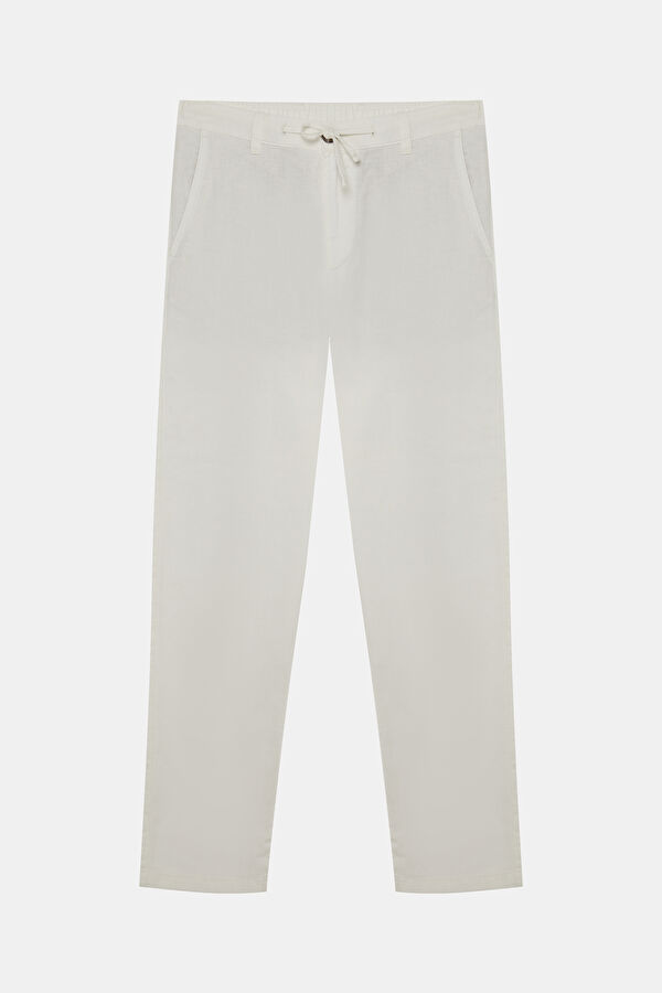 Slim Fit White Slim Fit Cotton/Linen Men's Trousers
