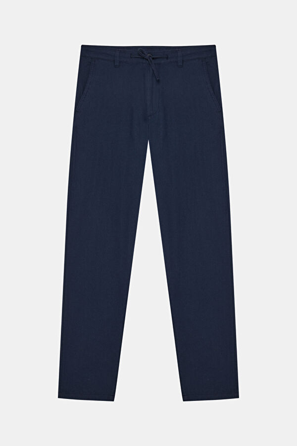 Slim Fit Navy Blue Slim Fit Cotton/Linen Men's Trousers