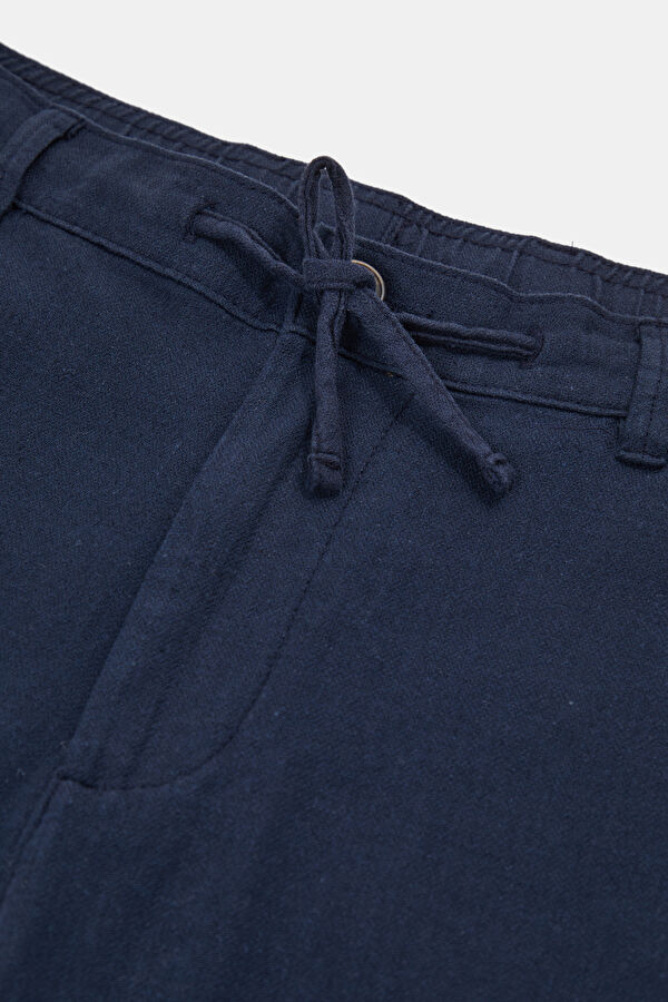 Slim Fit Navy Blue Slim Fit Cotton/Linen Men's Trousers 3