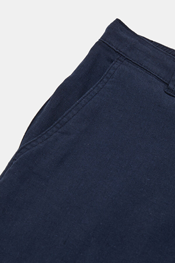 Slim Fit Navy Blue Slim Fit Cotton/Linen Men's Trousers 4
