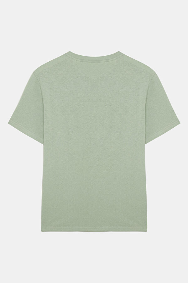Açık Yeşil Bisiklet Yaka Keten Pamuk Erkek T-Shirt 2