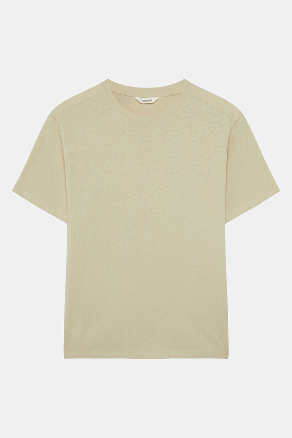 Beige Crew Neck Linen Cotton Men's T-Shirt