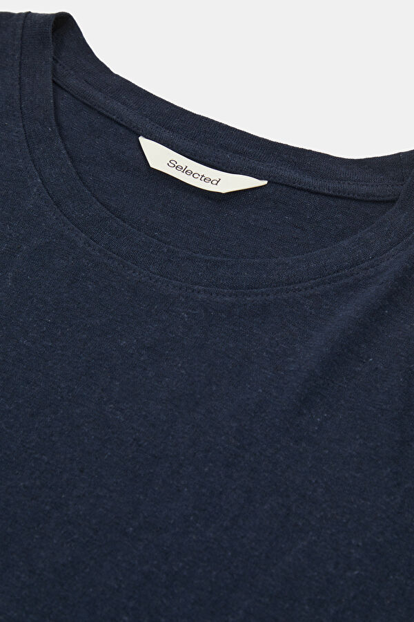 Navy Blue Crew Neck Linen Cotton Men's T-Shirt 3