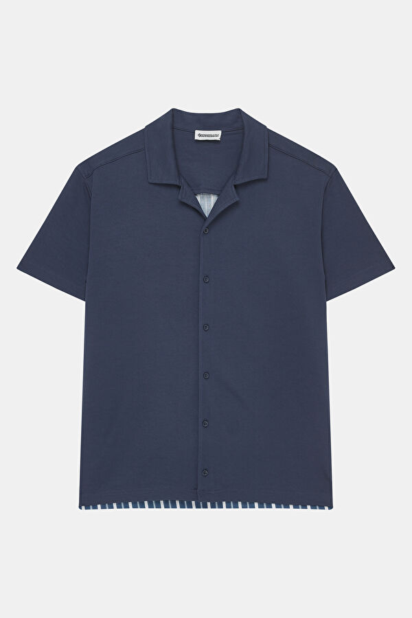 Navy Blue Resort Collar Men's Shirt with Trim Details