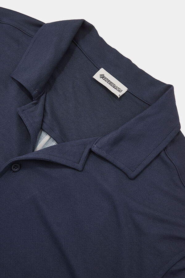 Navy Blue Resort Collar Men's Shirt with Trim Details 3