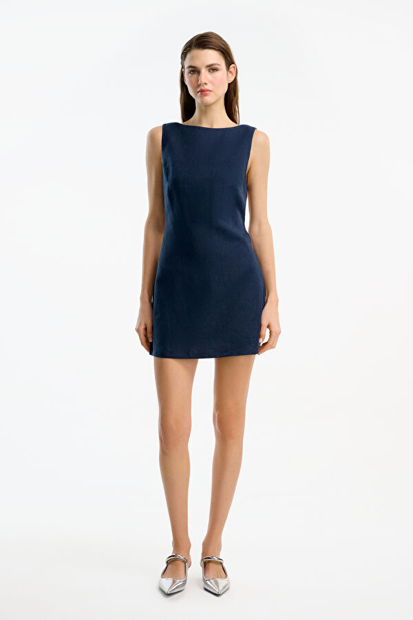 Navy Short Linen Women's Dress