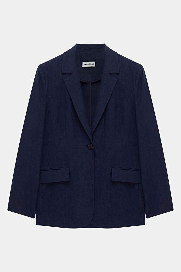 Navy Blue Buttoned Linen Women's Jacket 4