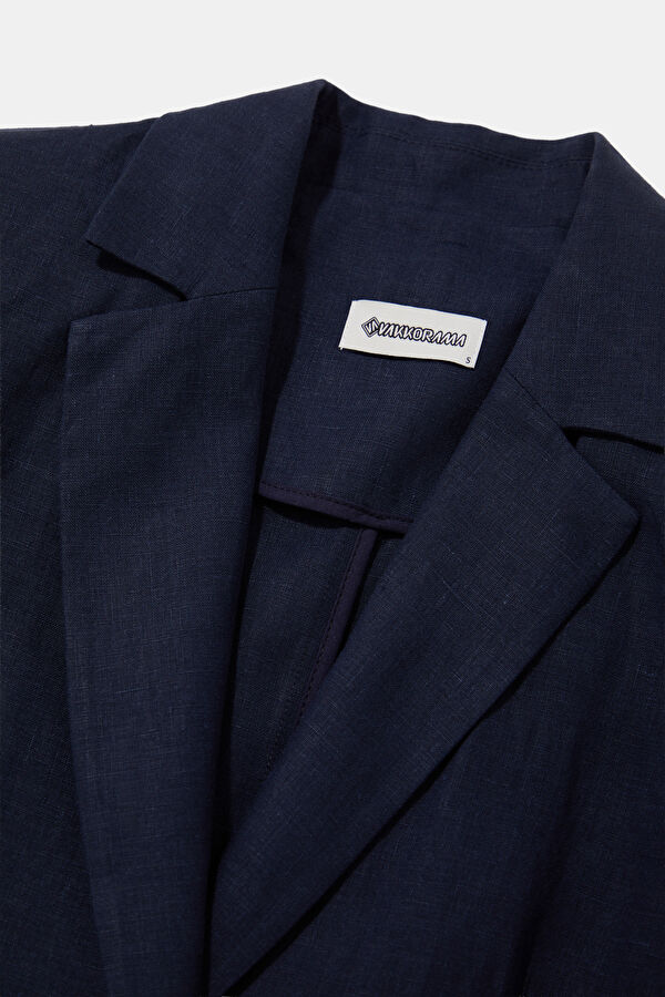 Navy Blue Buttoned Linen Women's Jacket 6