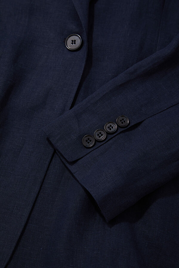 Navy Blue Buttoned Linen Women's Jacket 7