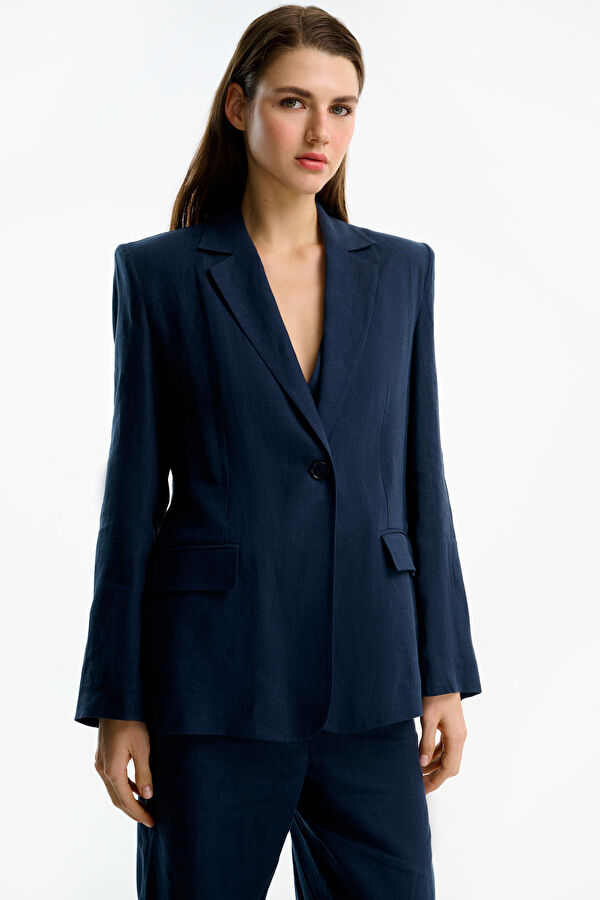 Navy Blue Buttoned Linen Women's Jacket