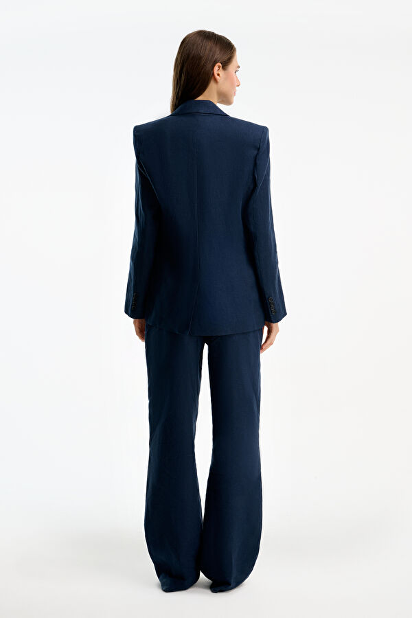 Navy Blue Buttoned Linen Women's Jacket 2