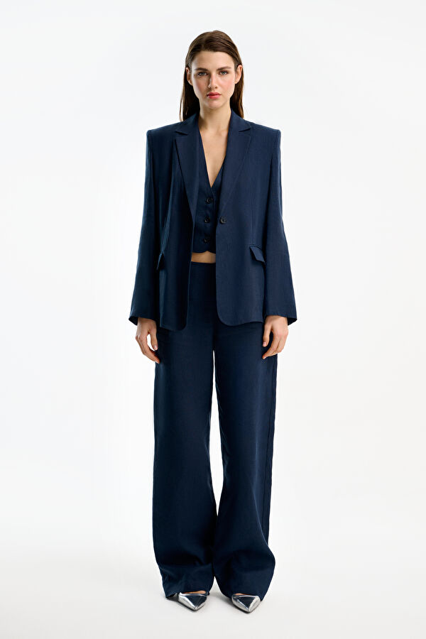 Navy Blue Buttoned Linen Women's Jacket 3