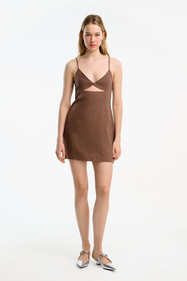 Brown Short Linen Women's Dress