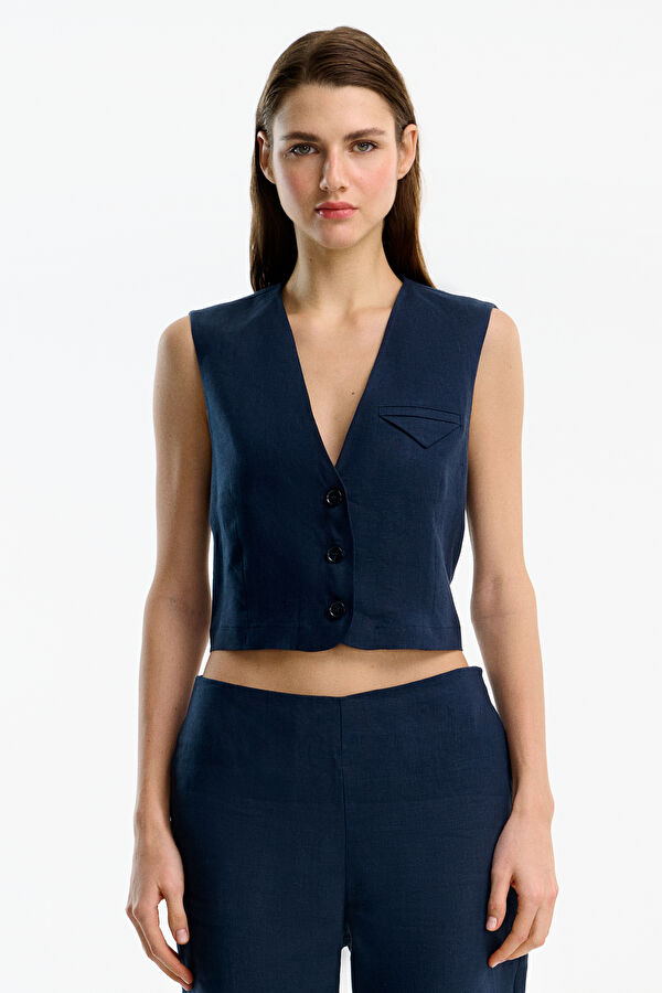 Navy Blue Linen Women's Vest