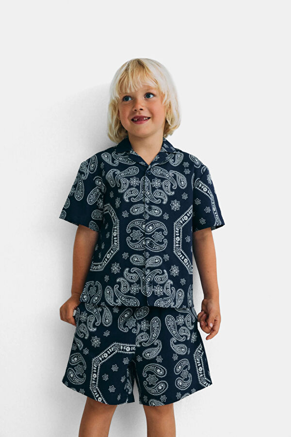 Navy Blue Shawl Pattern Kids Shirt 2