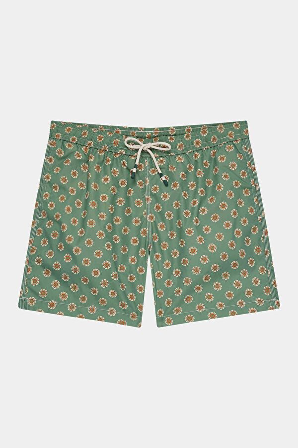 Green Patterned Elastic Waist Men's Swimsuit