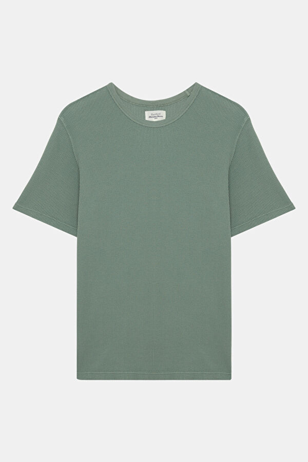 Relax Kalıp Haki Bisiklet Yaka Örgü Desenli T-Shirt