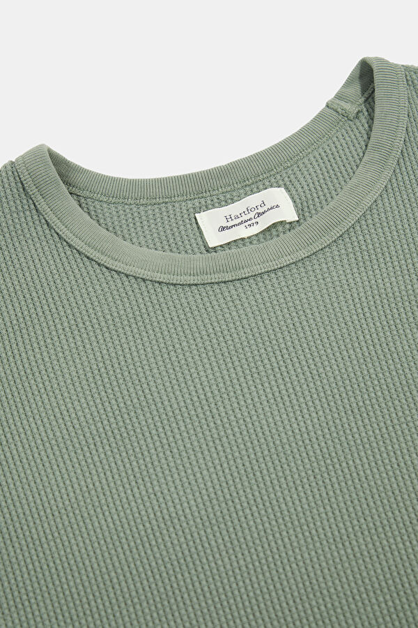 Relax Kalıp Haki Bisiklet Yaka Örgü Desenli T-Shirt 3